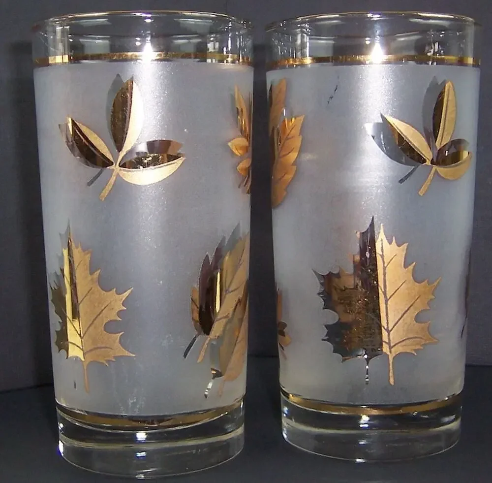 Vintage Libbey Golden Foliage Frosted Highball Glasses Gold Leaf MCM Set of 2
